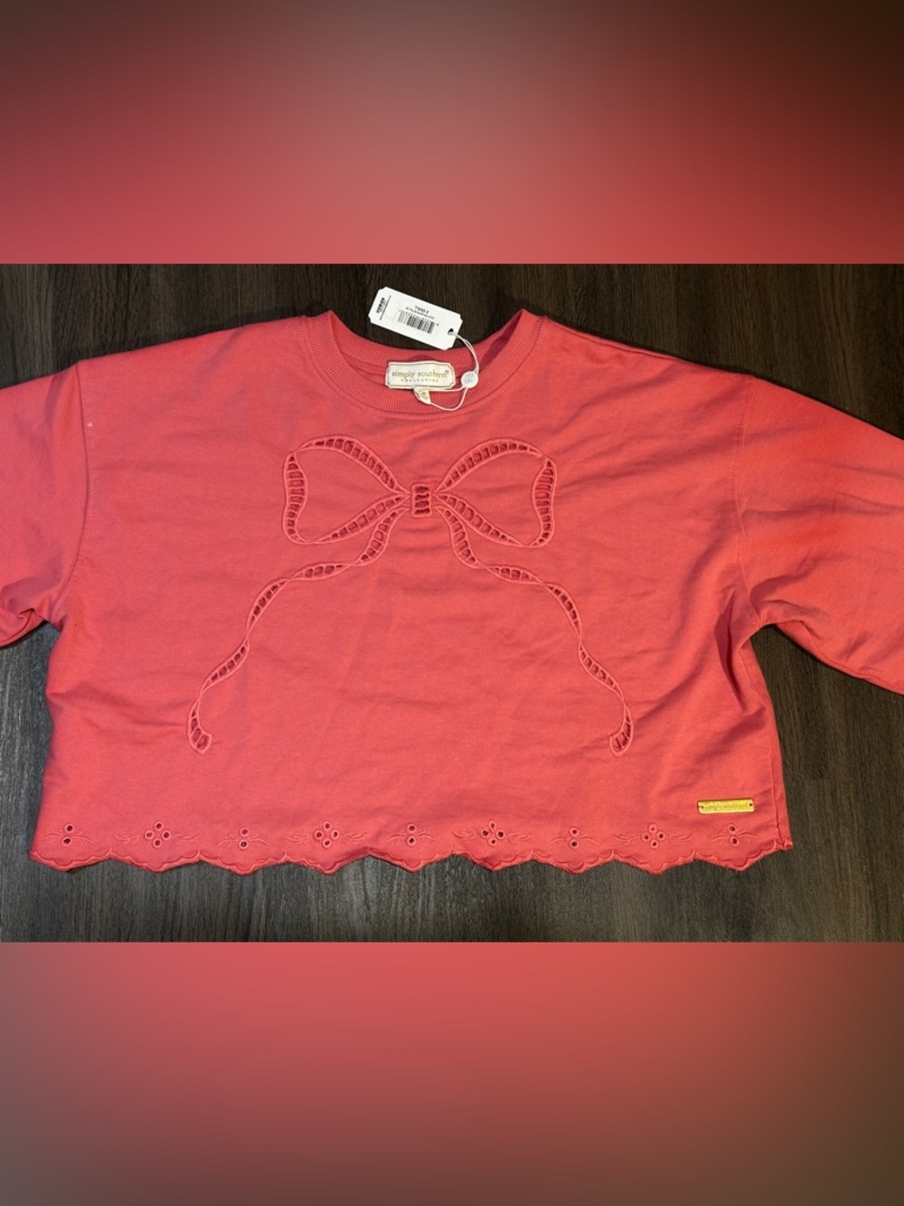 Pink Bow Embroidered Cropped Sweatshirt XS NWT Eyelet Scallop Hem - Picture 5 of 11